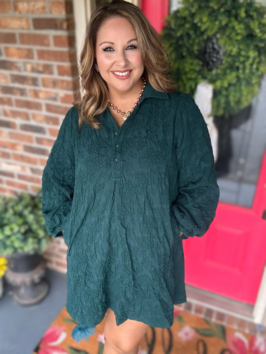 Forest Green Floral Crinkle Jacquard Polo Dress | Umgee