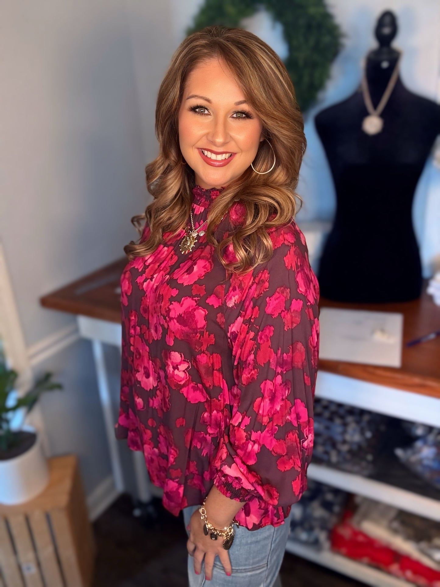 PLUM FLORAL PRINT MIRABELLE MOCK NECK WOVEN BLOUSE in