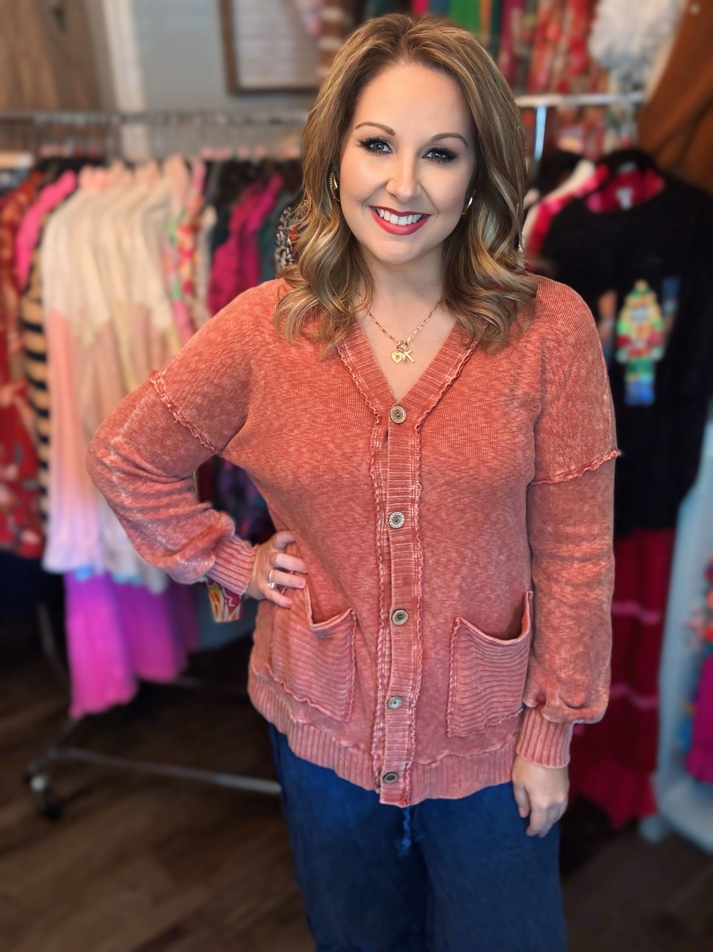 MineralWash Melangie sweater pocket cardigan Burnt Orange