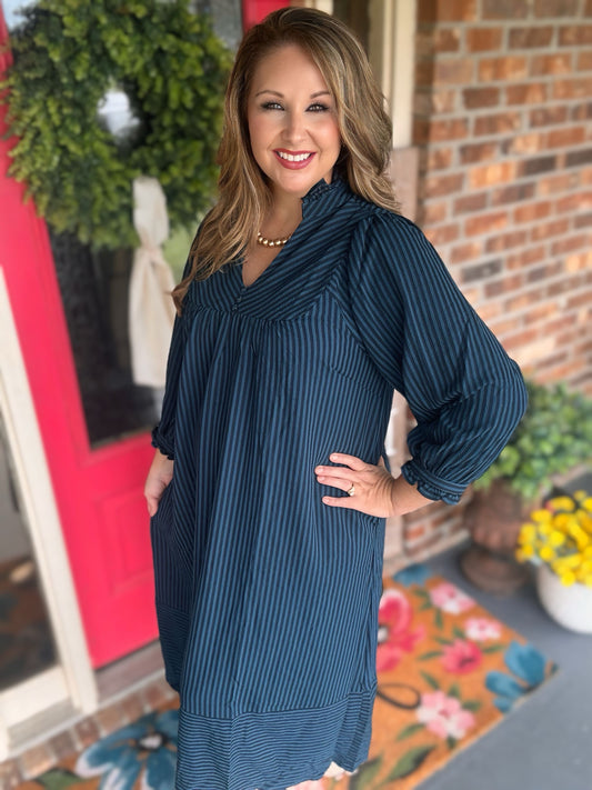 Umgee Teal Striped Seersucker Midi Dress