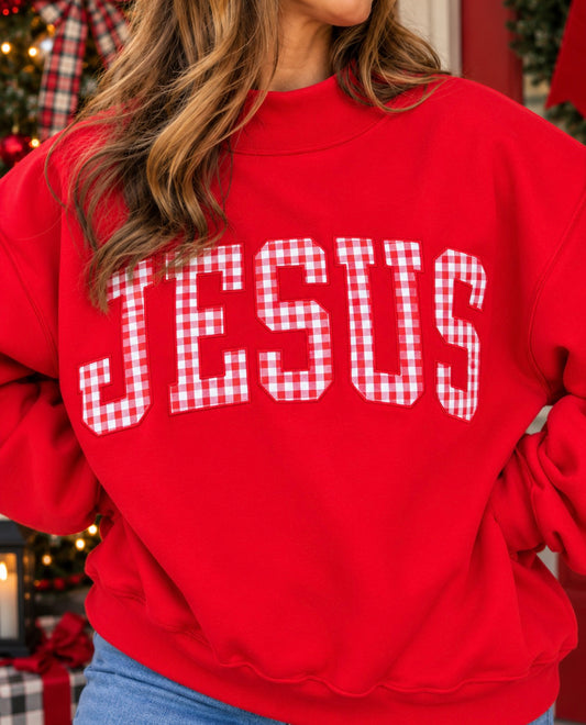 Jesus Gingham Oversized Mock Neck Sweatshirt – Red
