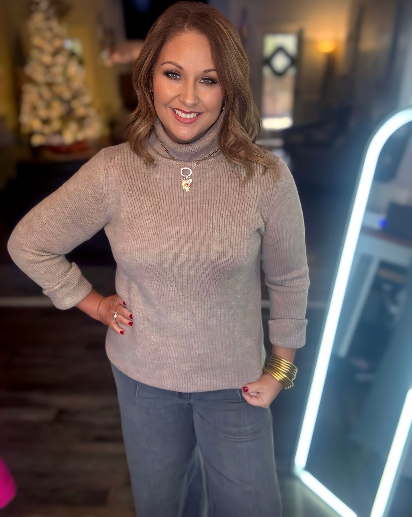 Mocha knitted turtleneck top