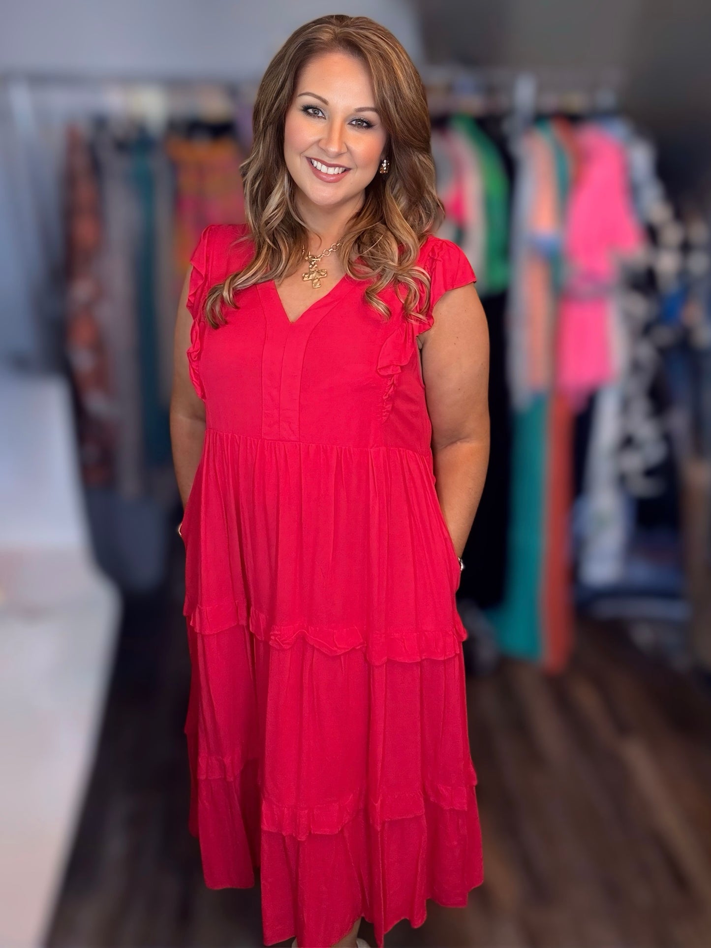 Red V-neck midi dress