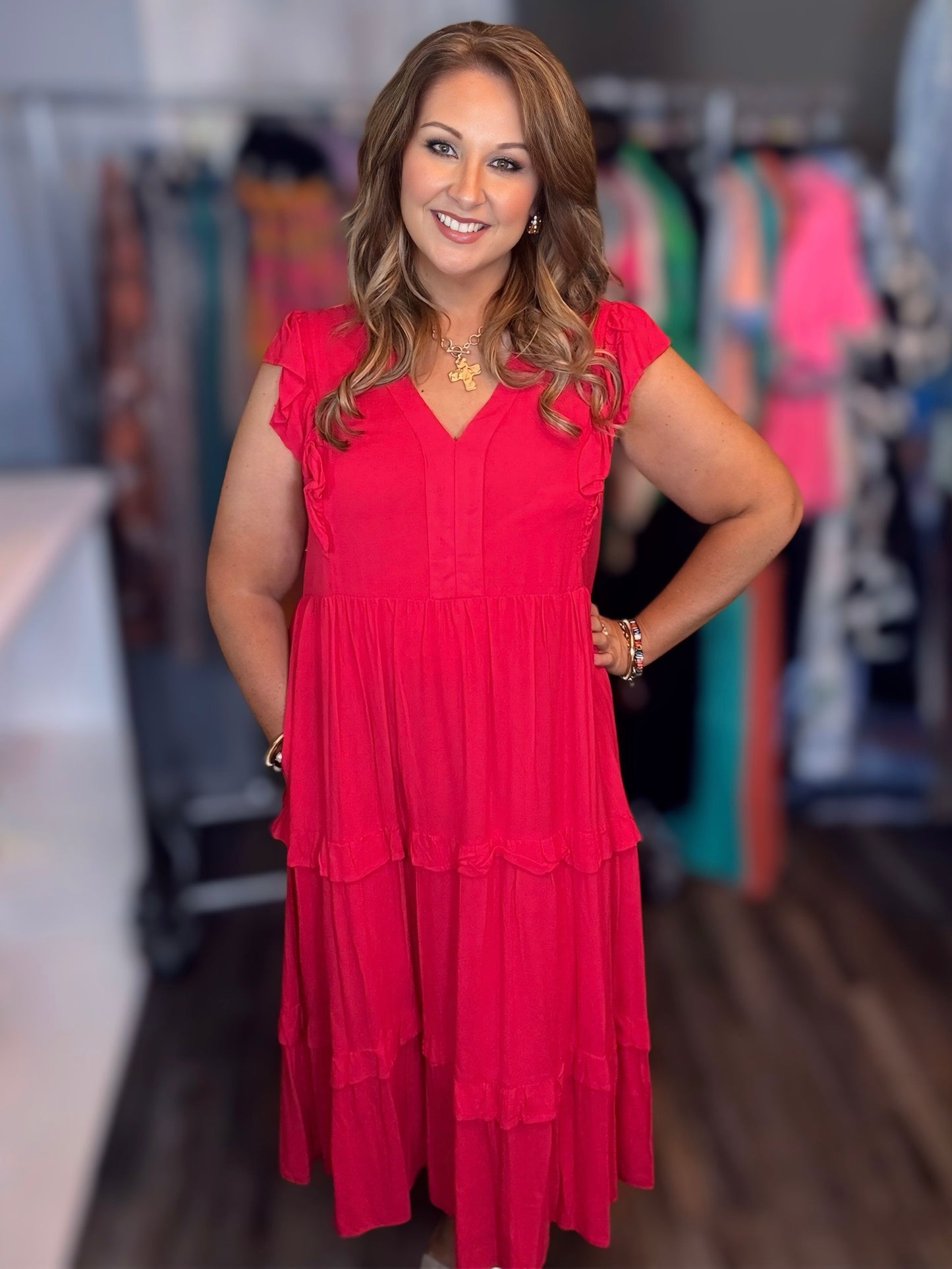 Red V-neck midi dress