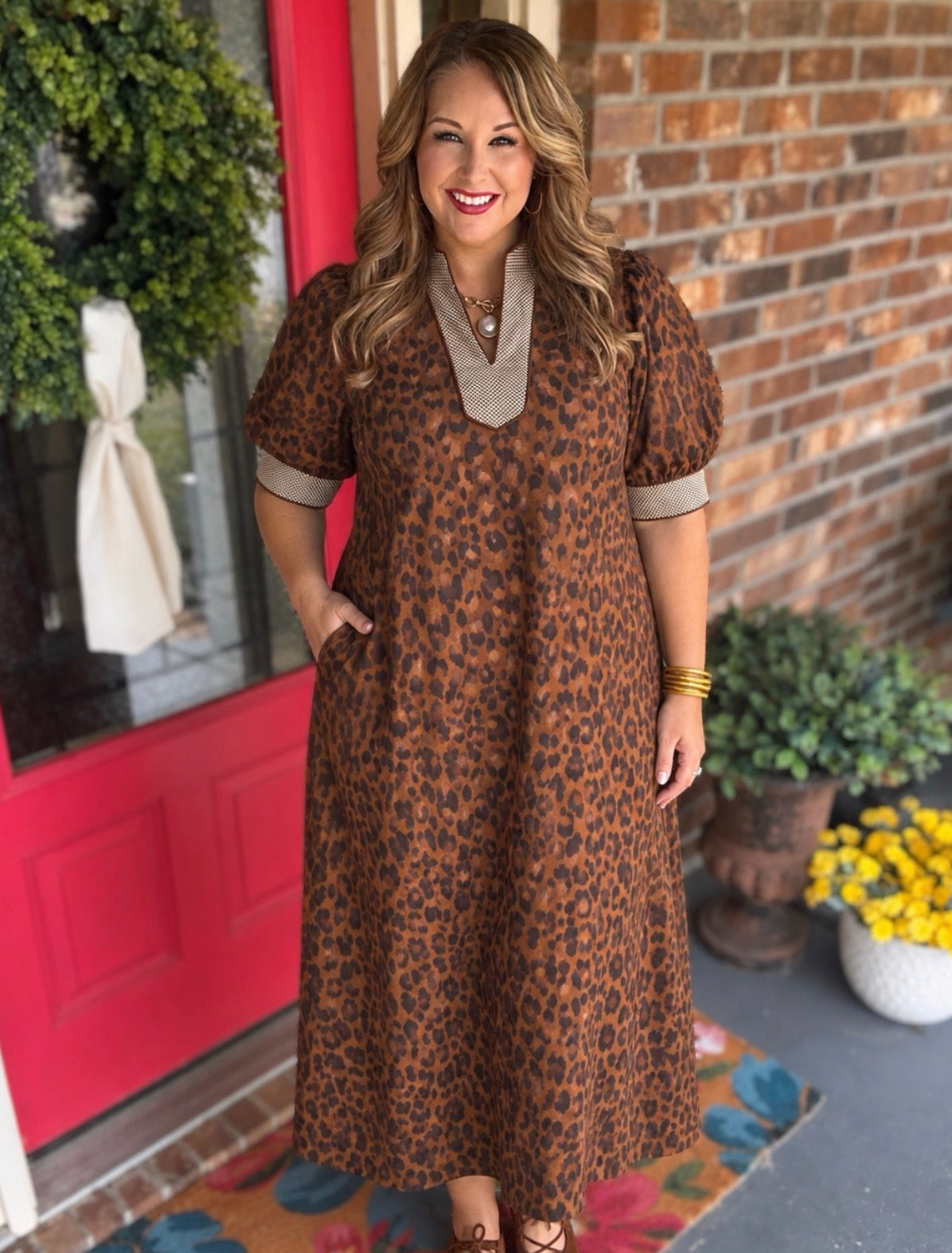 Entro Brown Leopard Print Gingham Trim Midi Dress