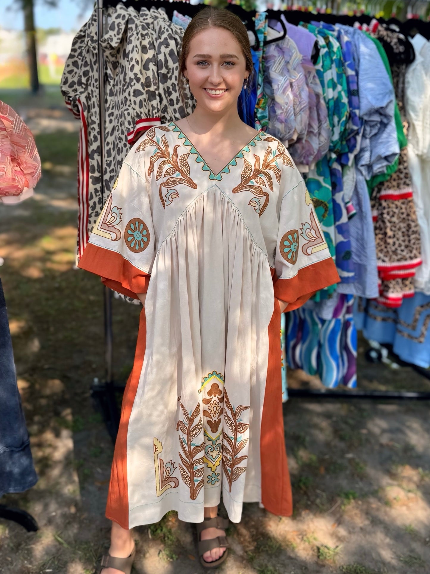 Taupe and Rust Embroidered Maxi Dress