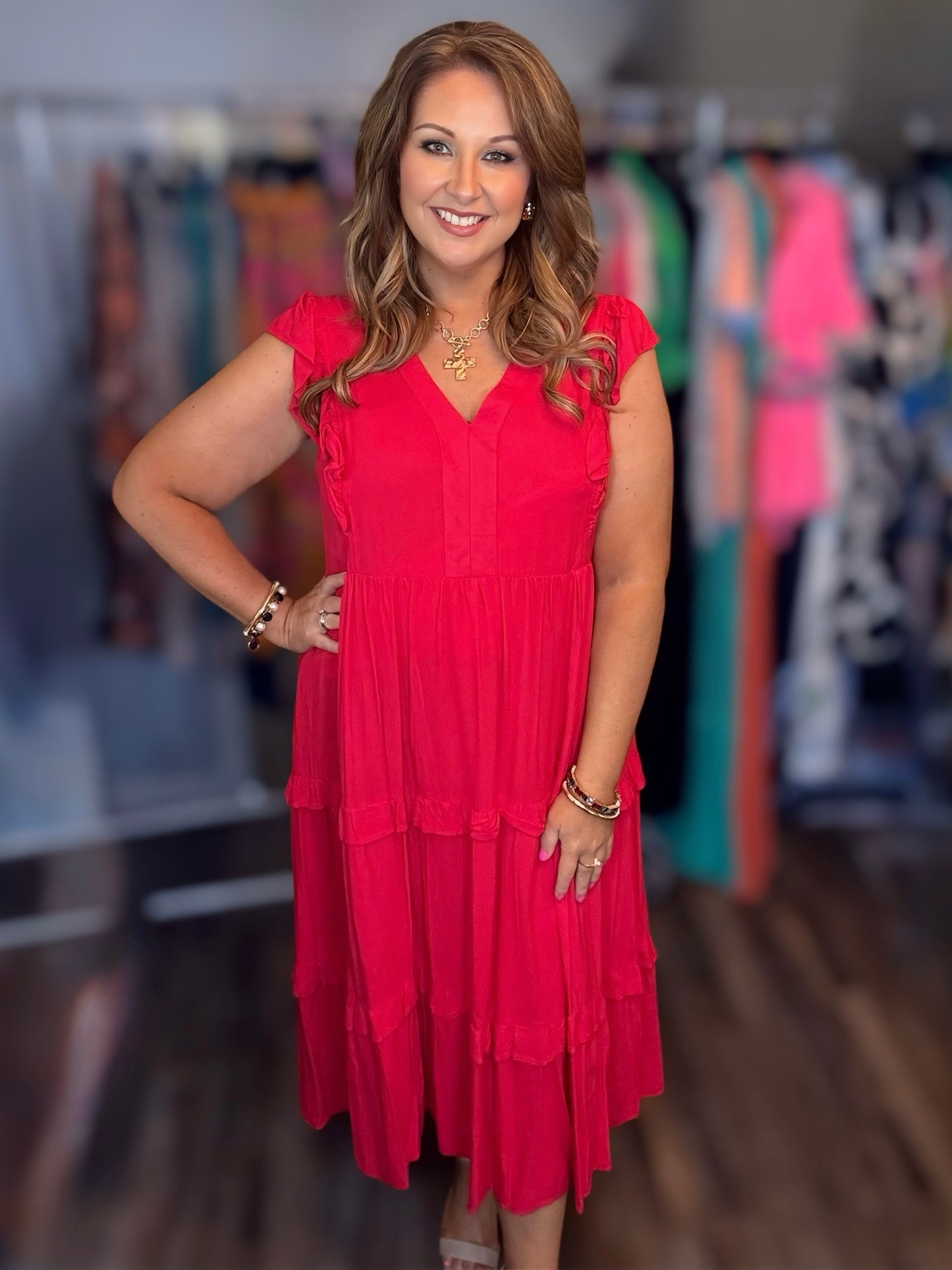 Red V-neck midi dress