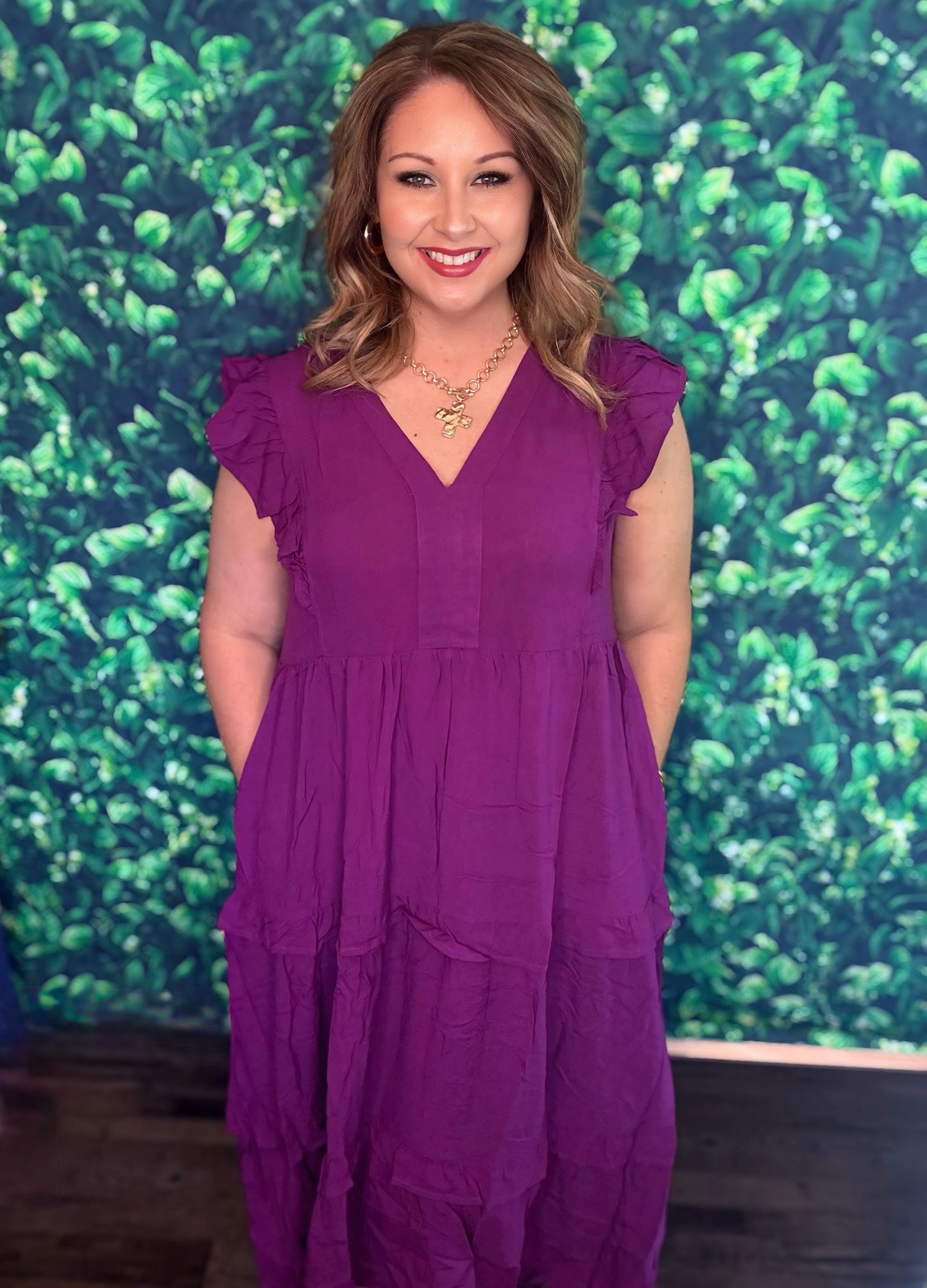 Plum V-neck midi dress