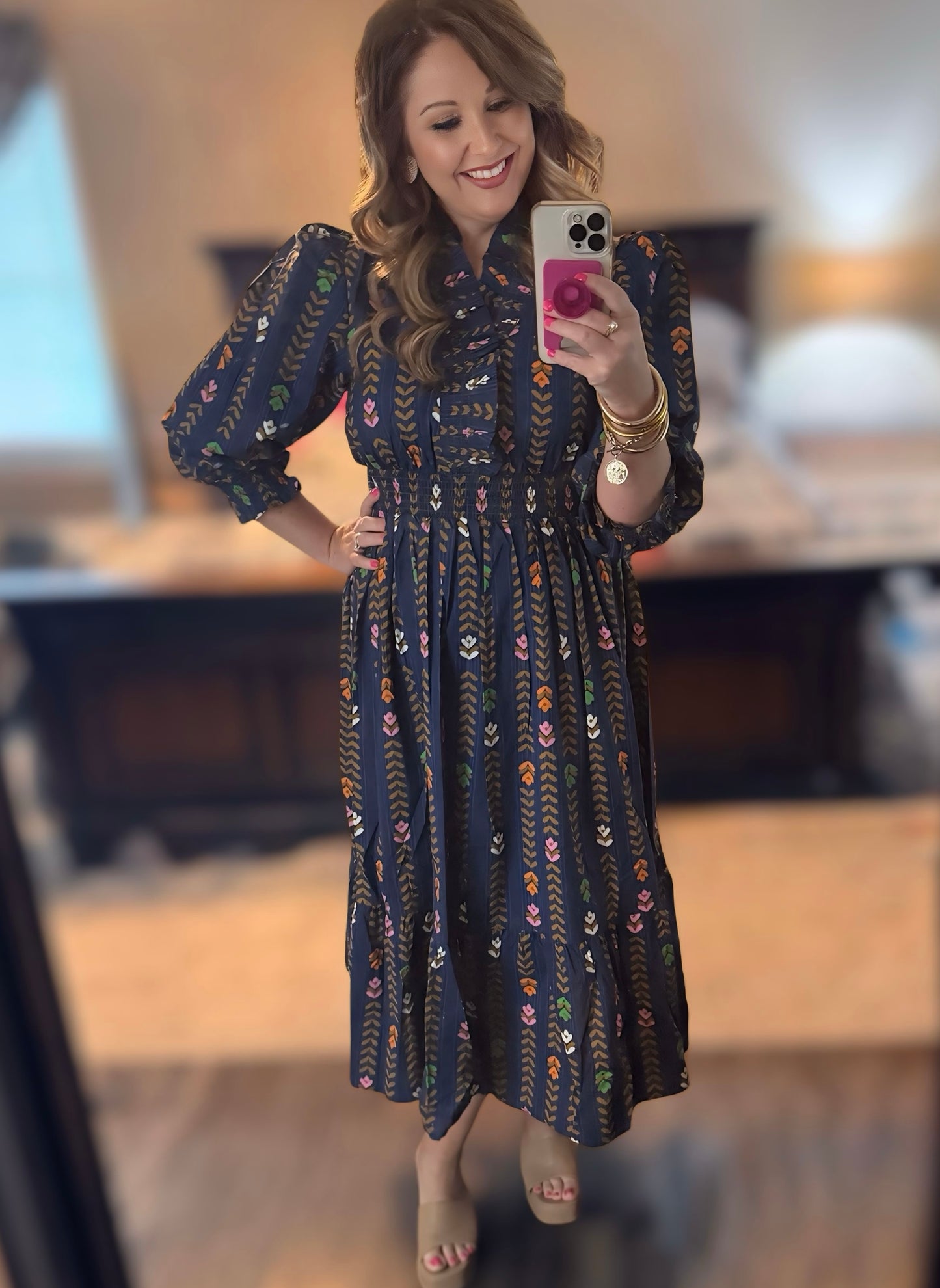 Floral Midi Dress- Ruffle Collar
