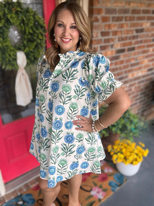 Blue Floral Puff Sleeve Babydoll Dress
