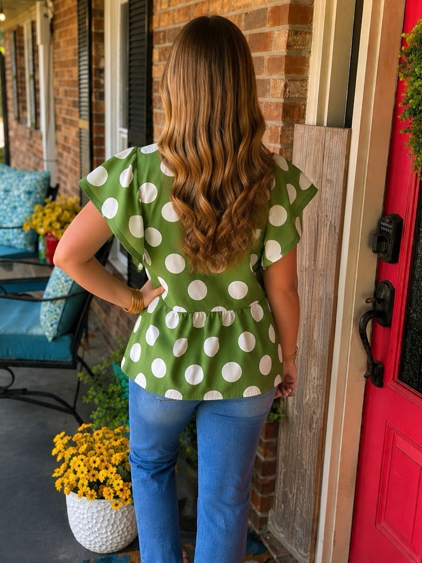 Easel Green POLKA DOTS BUTTON DOWN RUFFLE TOP