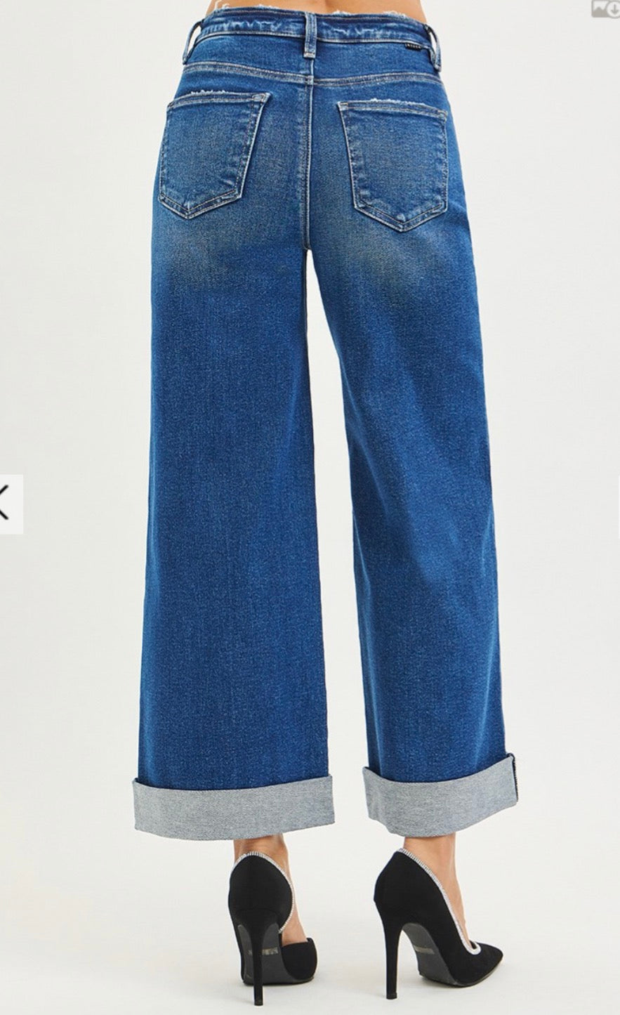 Risen High Rise Crop Wide Leg Distressed Cuff Jeans