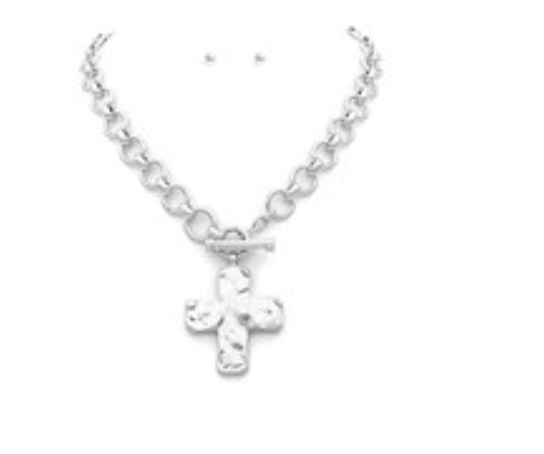 Silver Chunky Cross & Chain Toggle Necklace Set