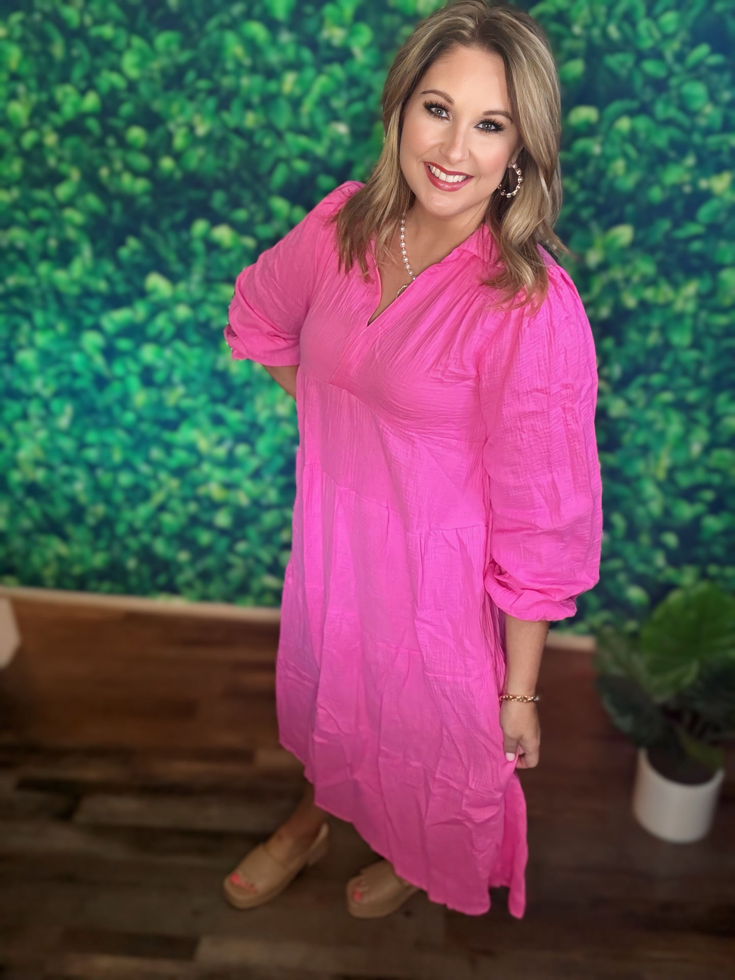 Gauze Long Sleeve Collar Split Neck Tiered Midi Dress