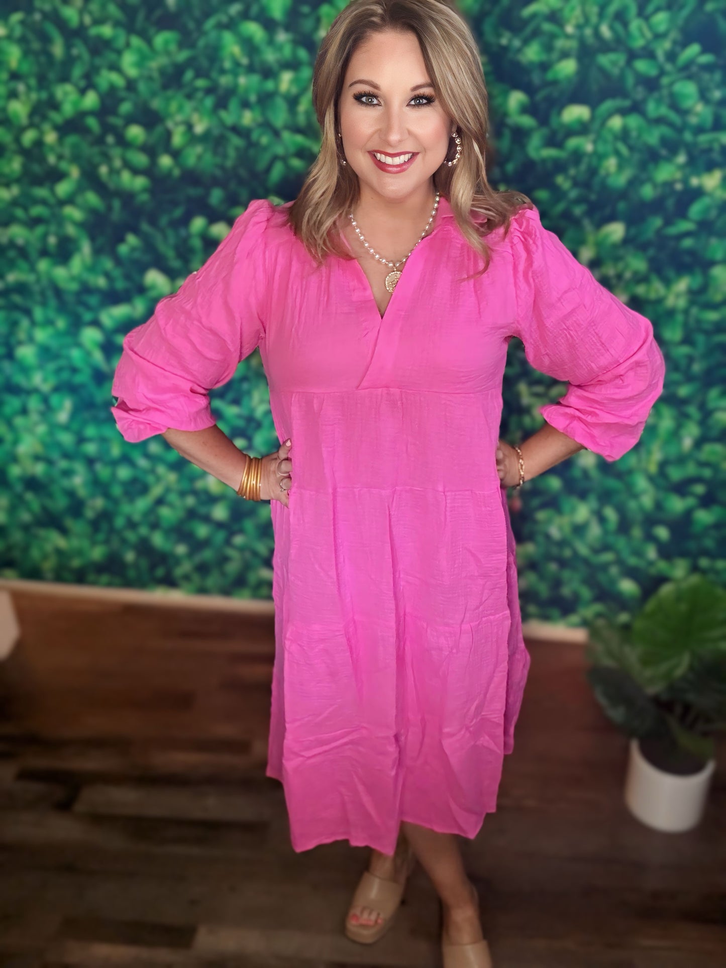 Gauze Long Sleeve Collar Split Neck Tiered Midi Dress