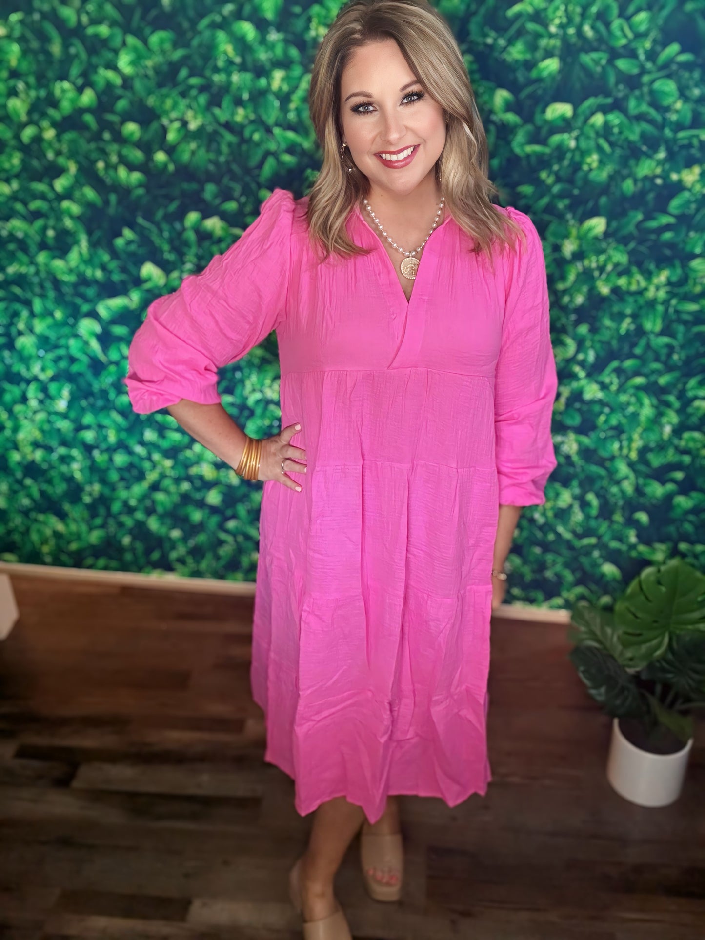 Gauze Long Sleeve Collar Split Neck Tiered Midi Dress