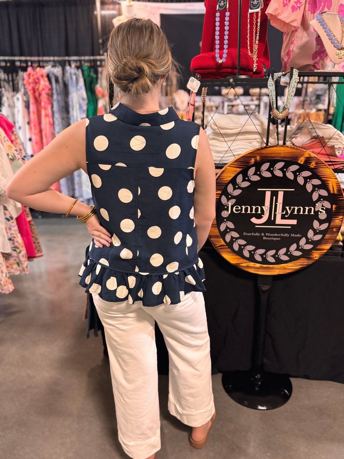 Entro Navy Blue Polka Dot Ruffle Hem Top