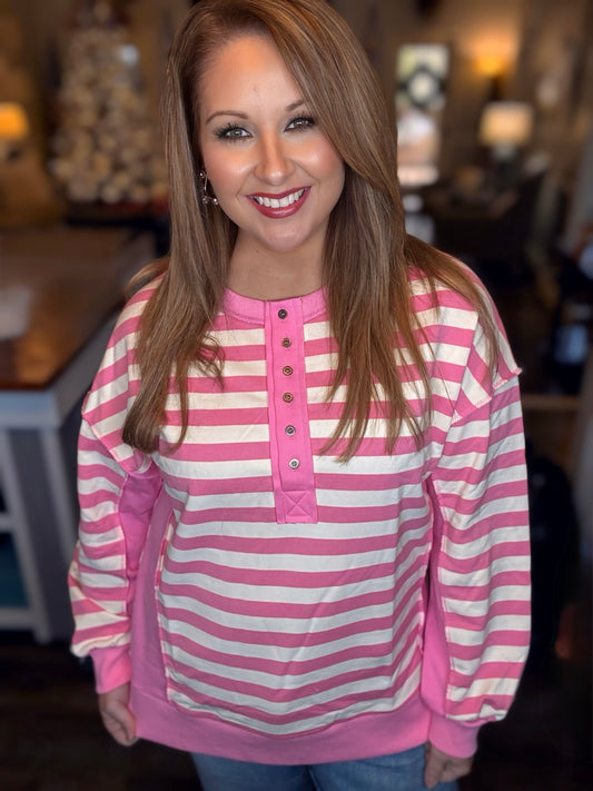 Pink/Cream Oversized Striped Half Button Knit Top