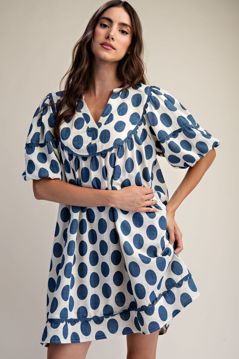 Blue Easel. POLKA DOTS LINEN MINI DRESS