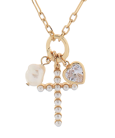 Pearl Cross & Crystal Heart Necklace