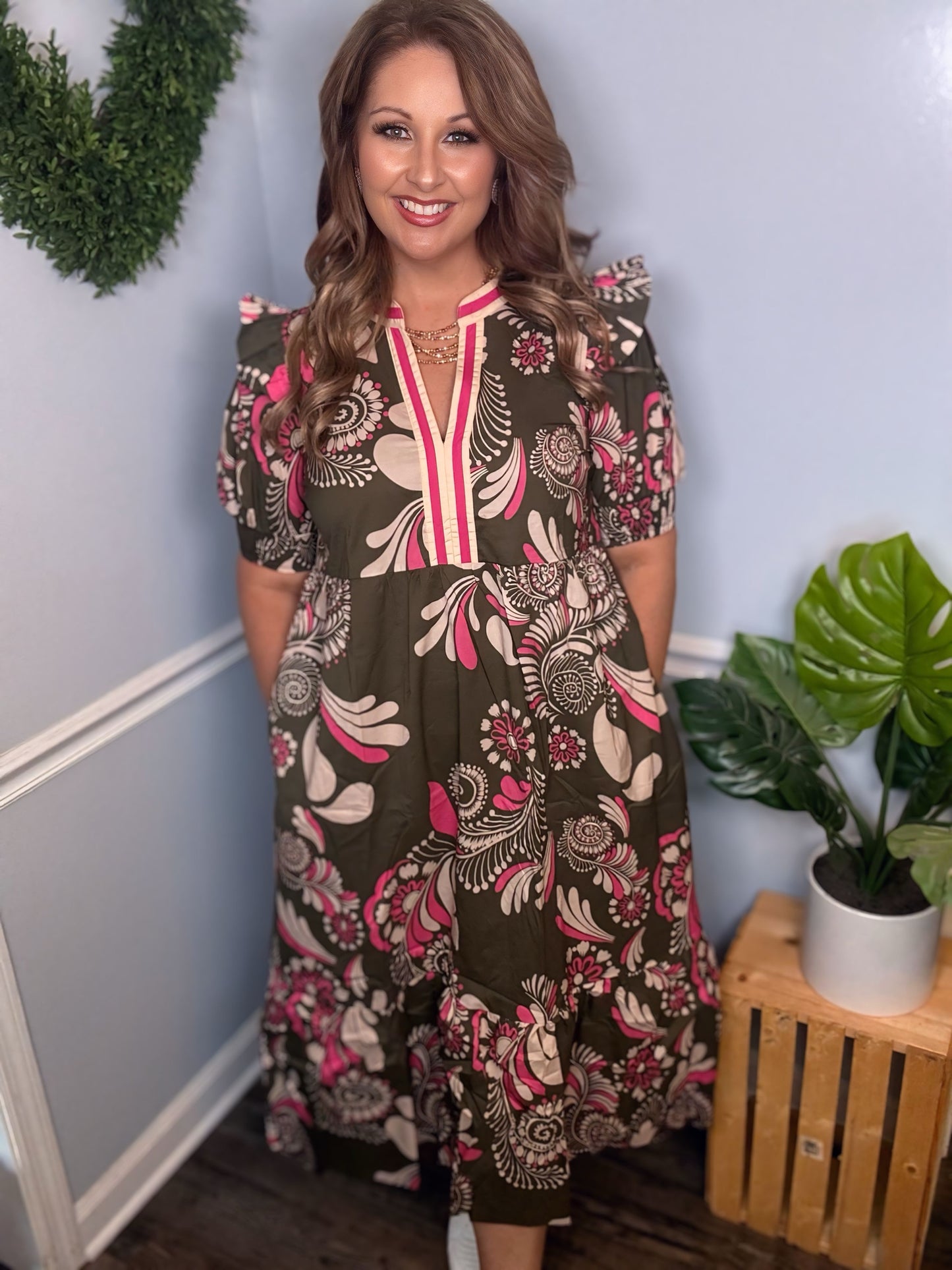 Paisley Smocked Cuff Midi Dress