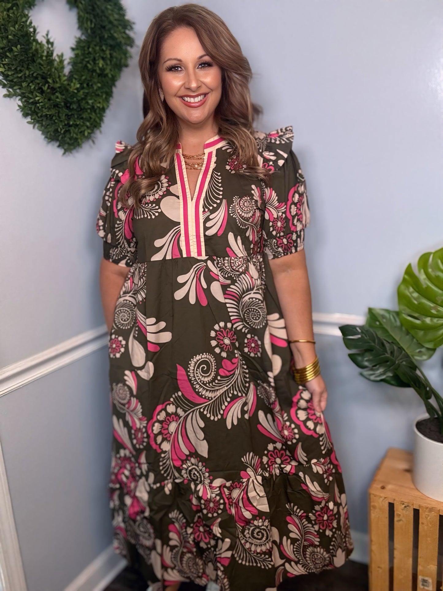 Paisley Smocked Cuff Midi Dress