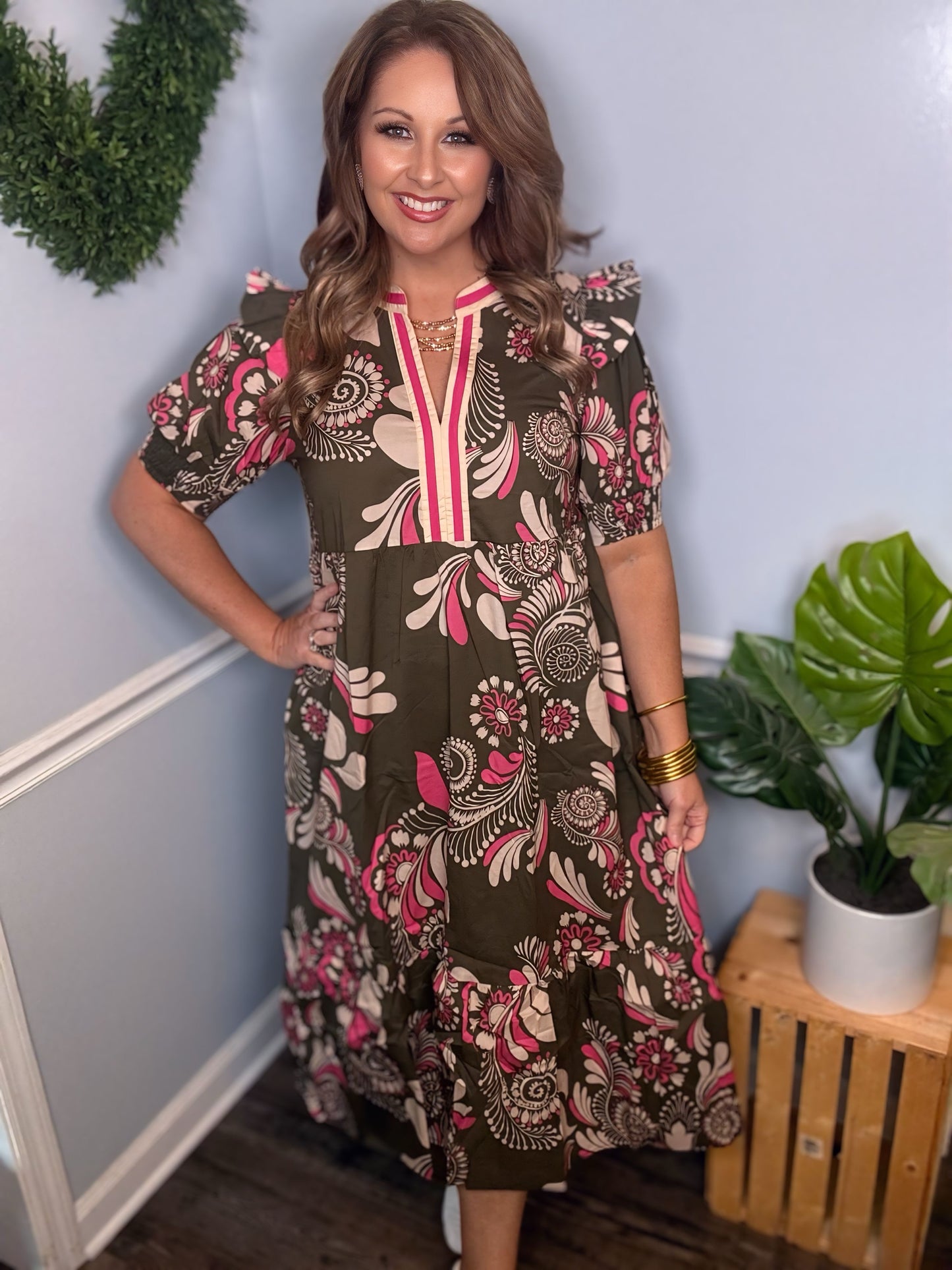 Paisley Smocked Cuff Midi Dress