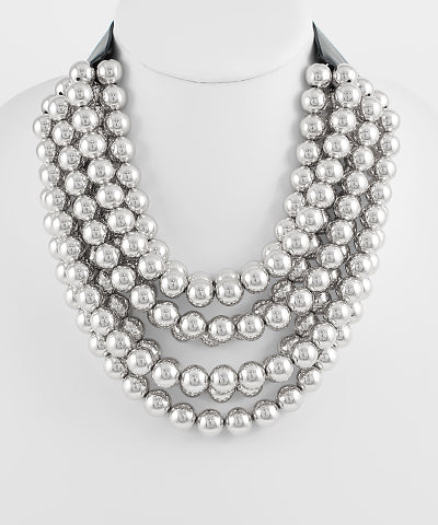 Silver Multi Layer Metal Pearl Necklace