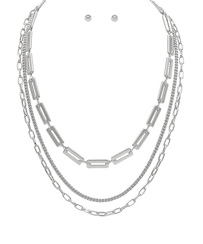 Silver 3 Layered Multi Chain Mix Necklace Set