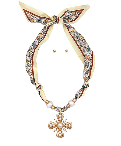 Pearl Cross Pendant Scarf Necklace Set