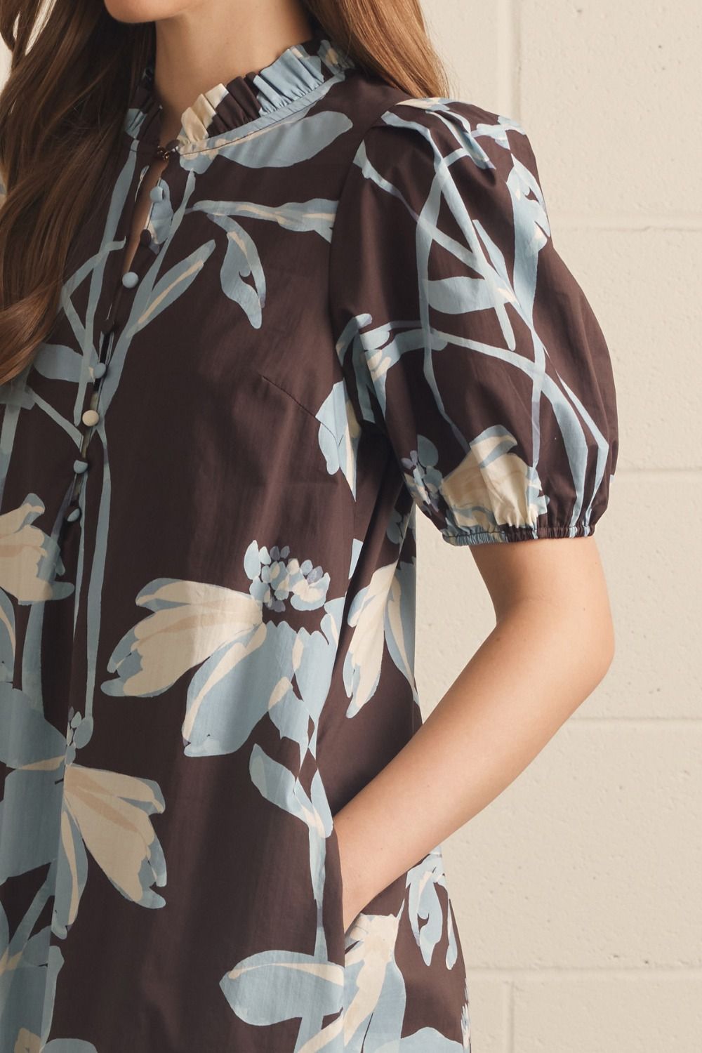 Entro Blue/Brown Floral Puff Sleeve Ruffle Midi Dress