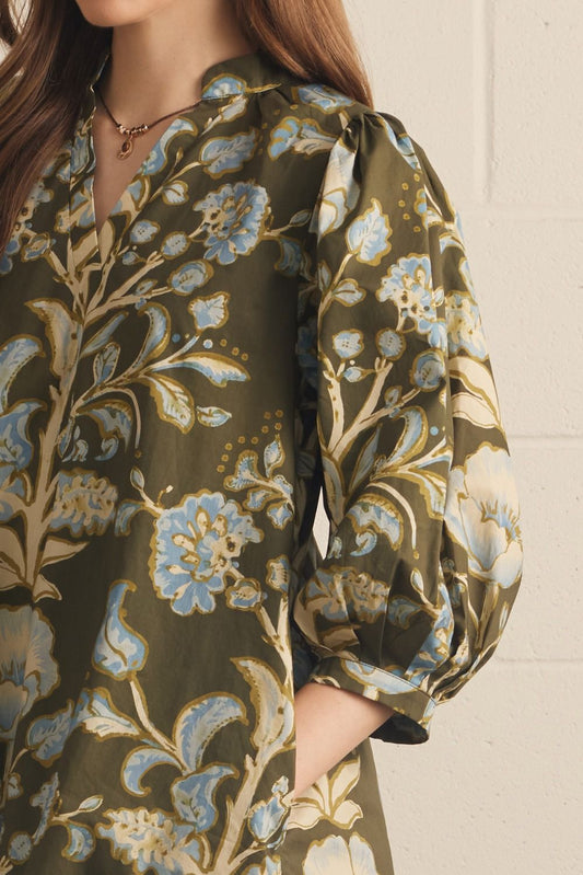 Entro Olive Floral Puff Sleeve Mini Dress