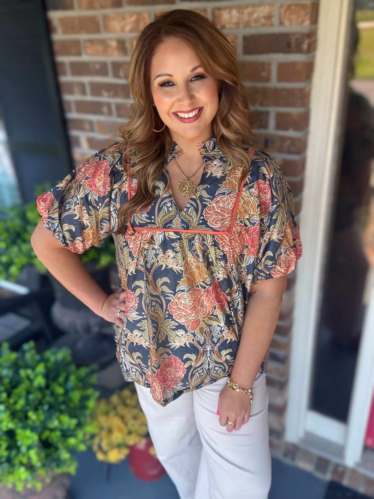 Plus Size Floral Puff Sleeve Blouse