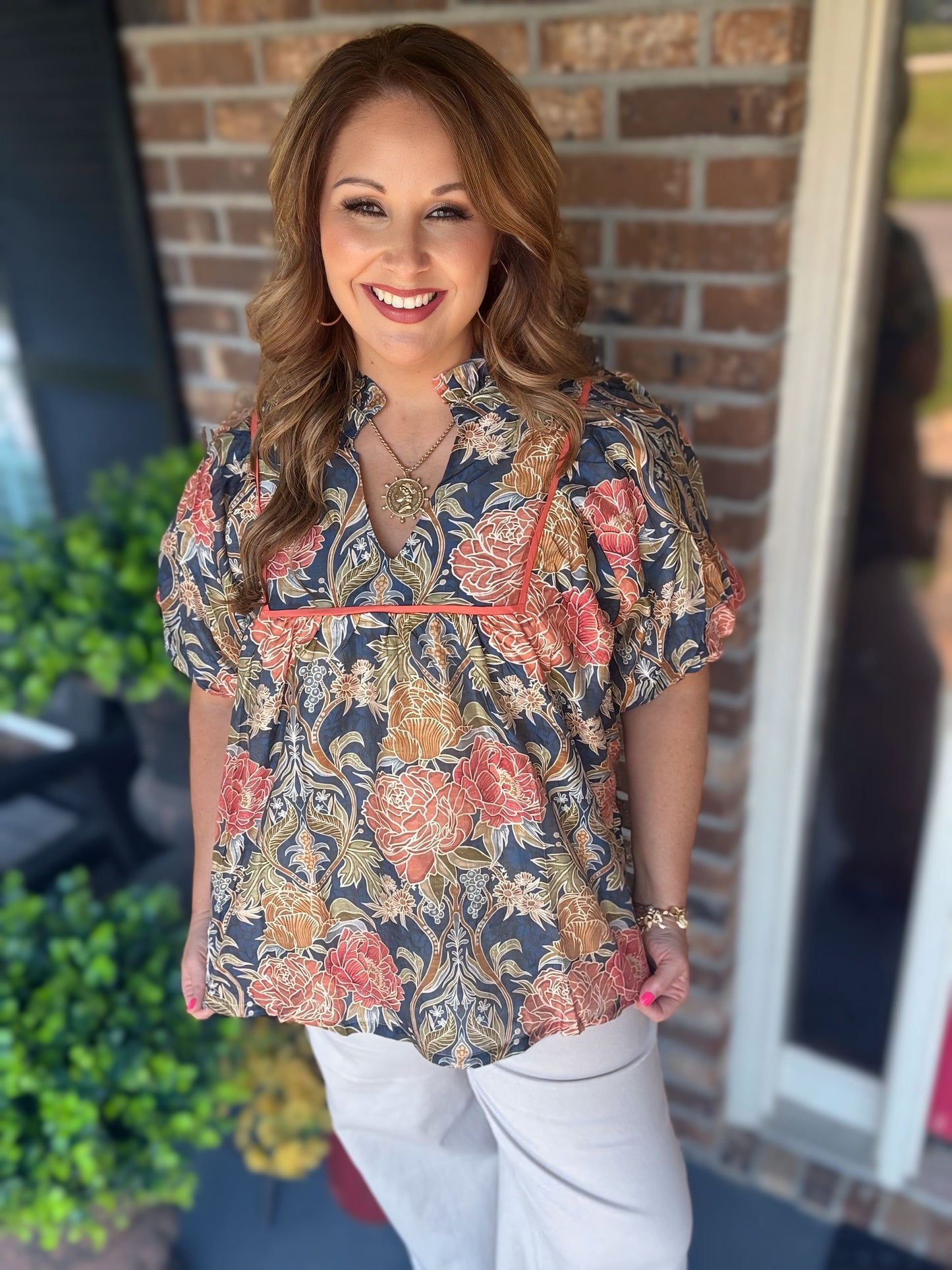 Plus Size Floral Puff Sleeve Blouse