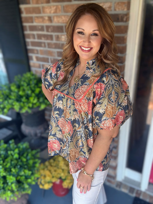 Plus Size Floral Puff Sleeve Blouse