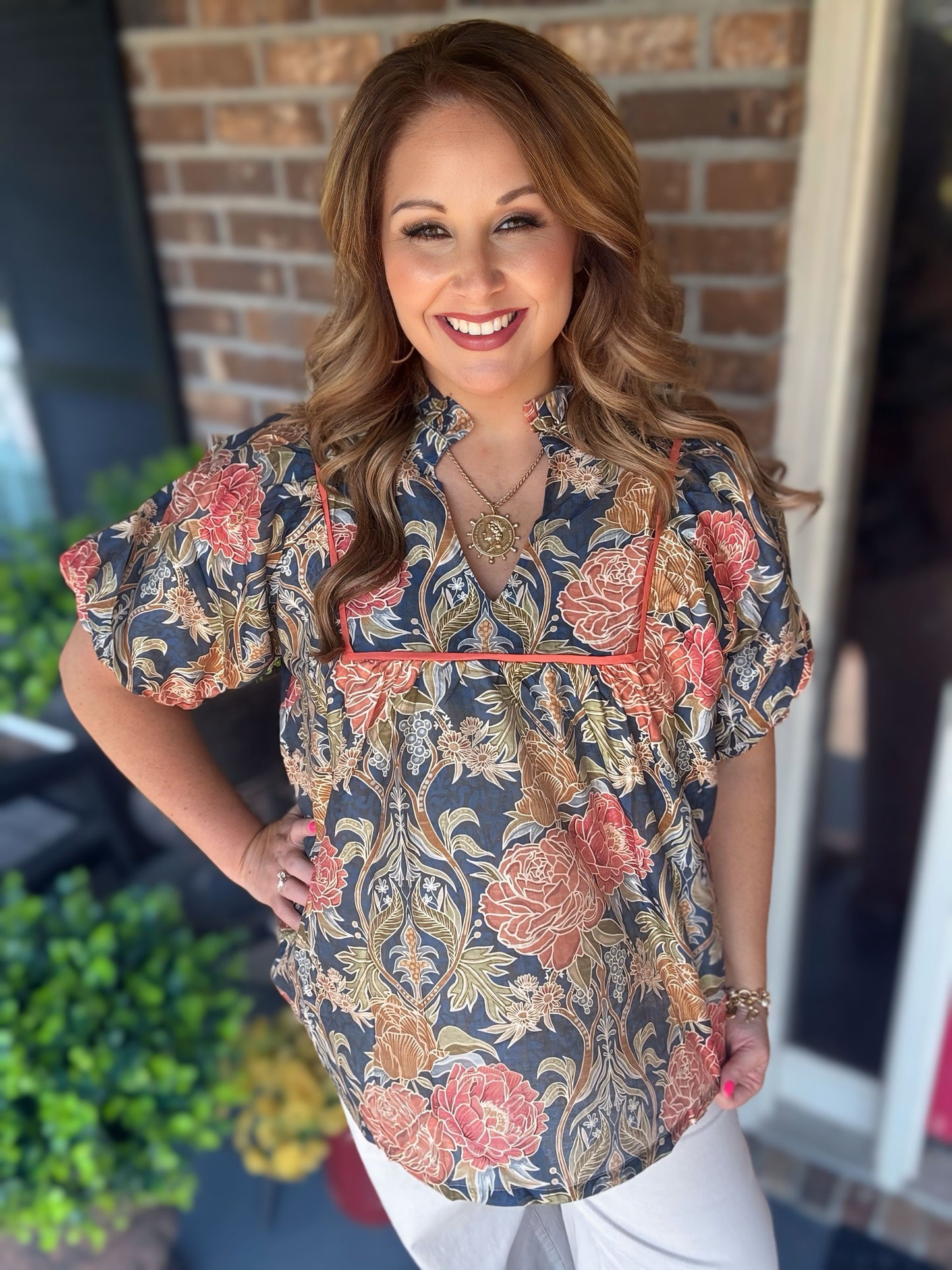 Plus Size Floral Puff Sleeve Blouse