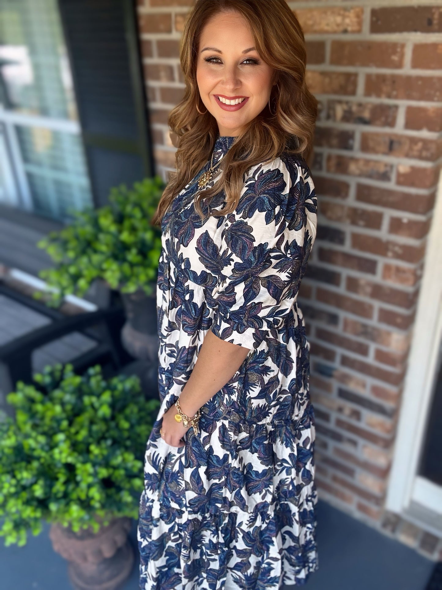 Boho Leaf Print Tiered Midi Dress-Blue