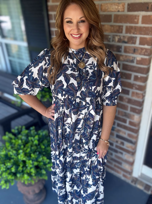 Boho Leaf Print Tiered Midi Dress-Blue