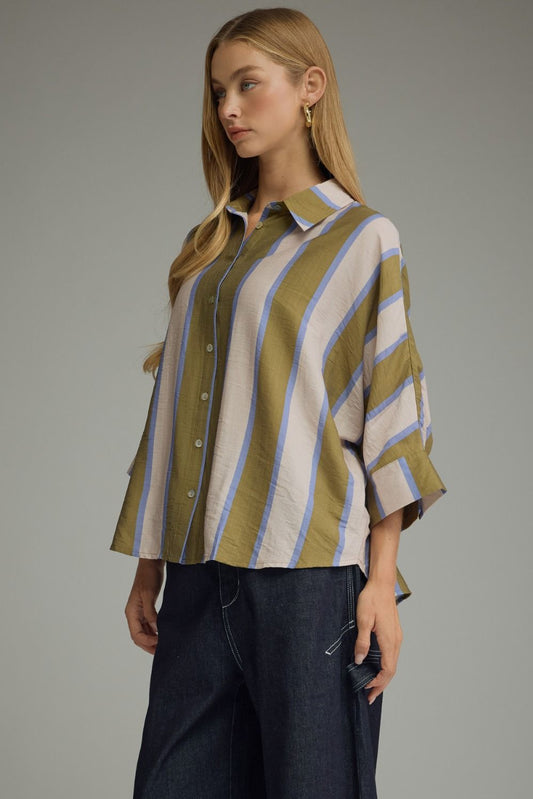 Entro Olive & Blue Striped Dolman Sleeve Top