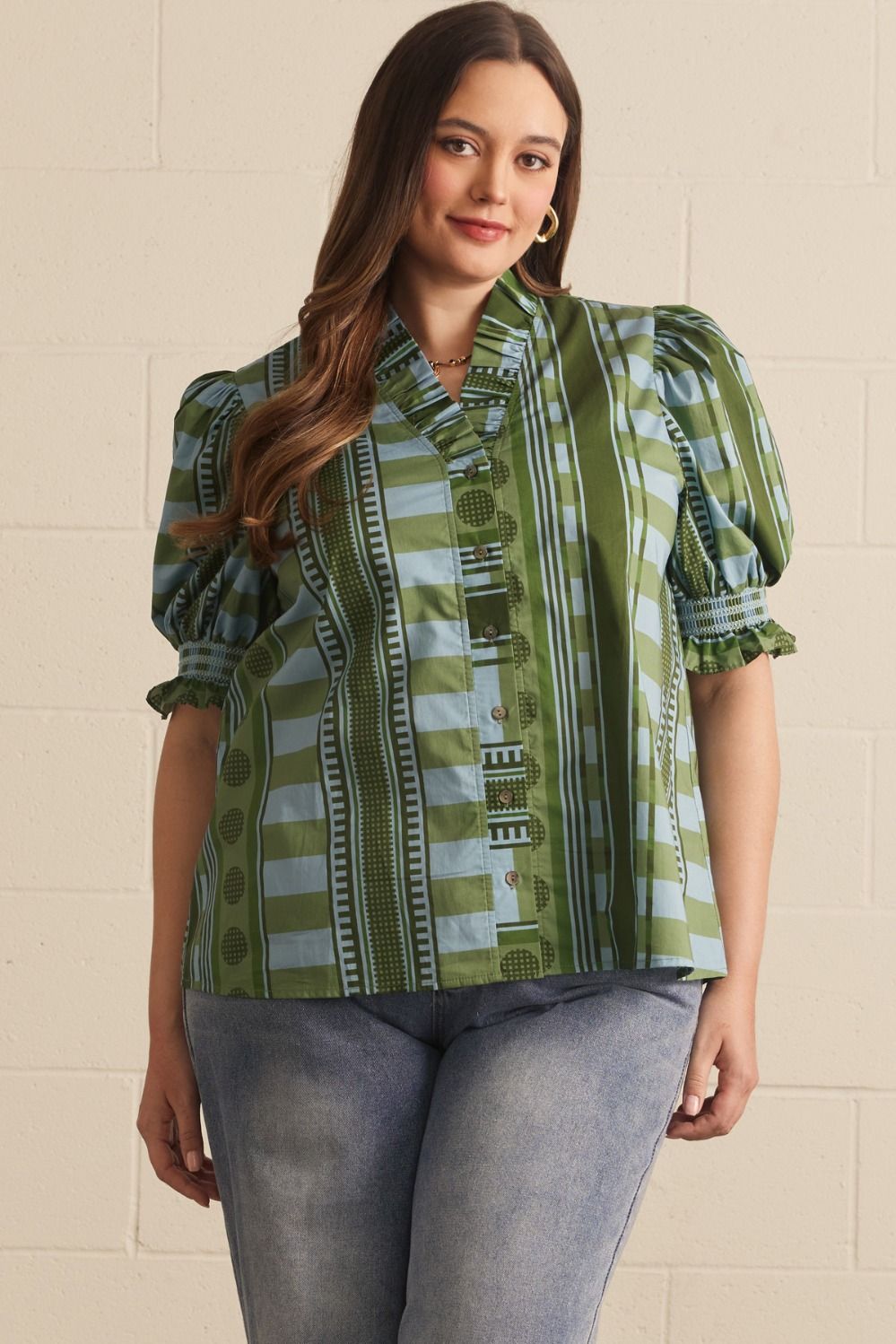 Entro Olive Mixed Print Puff Sleeve Button-Front Top