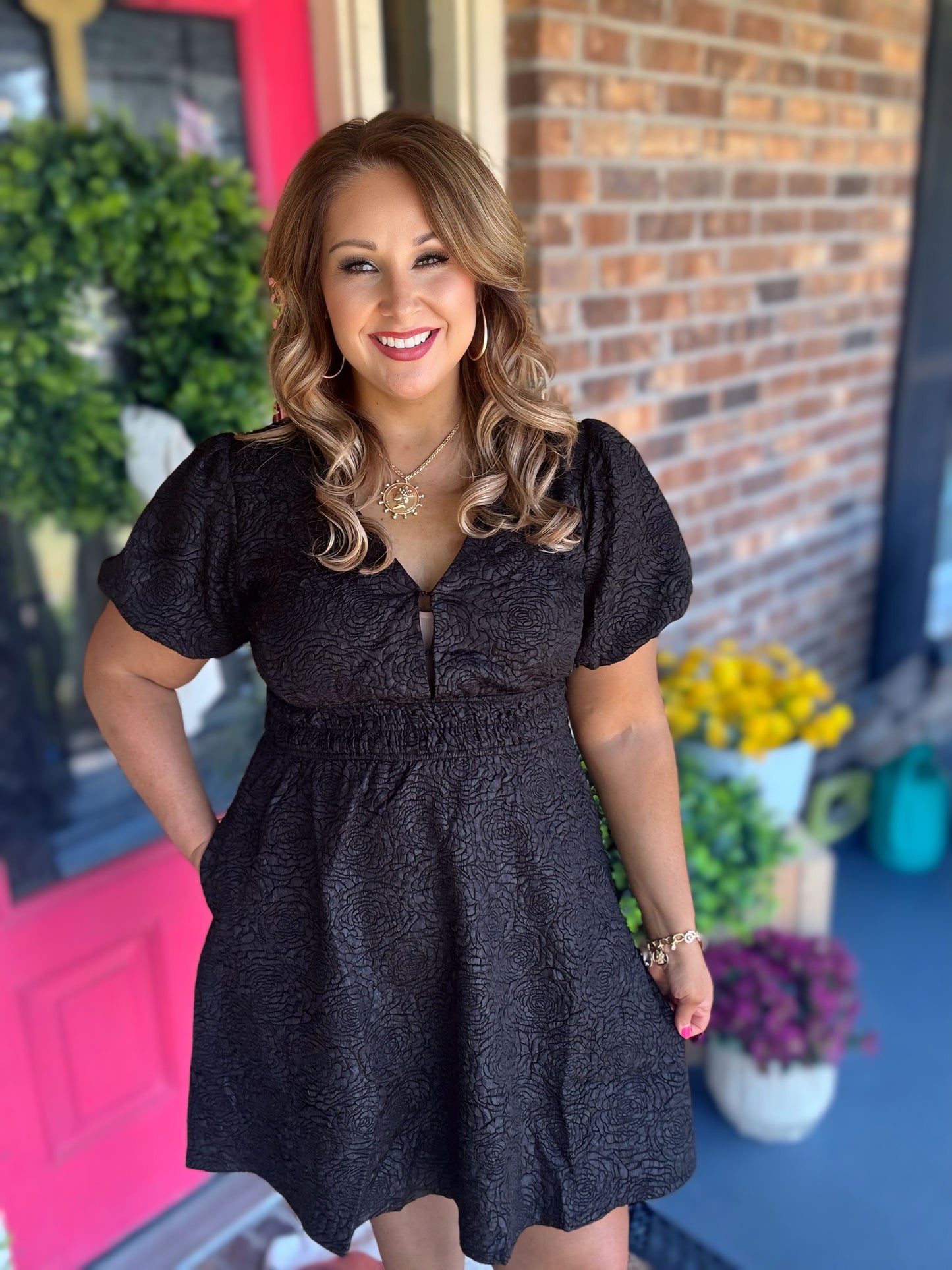 Black jacquard cocktail dress