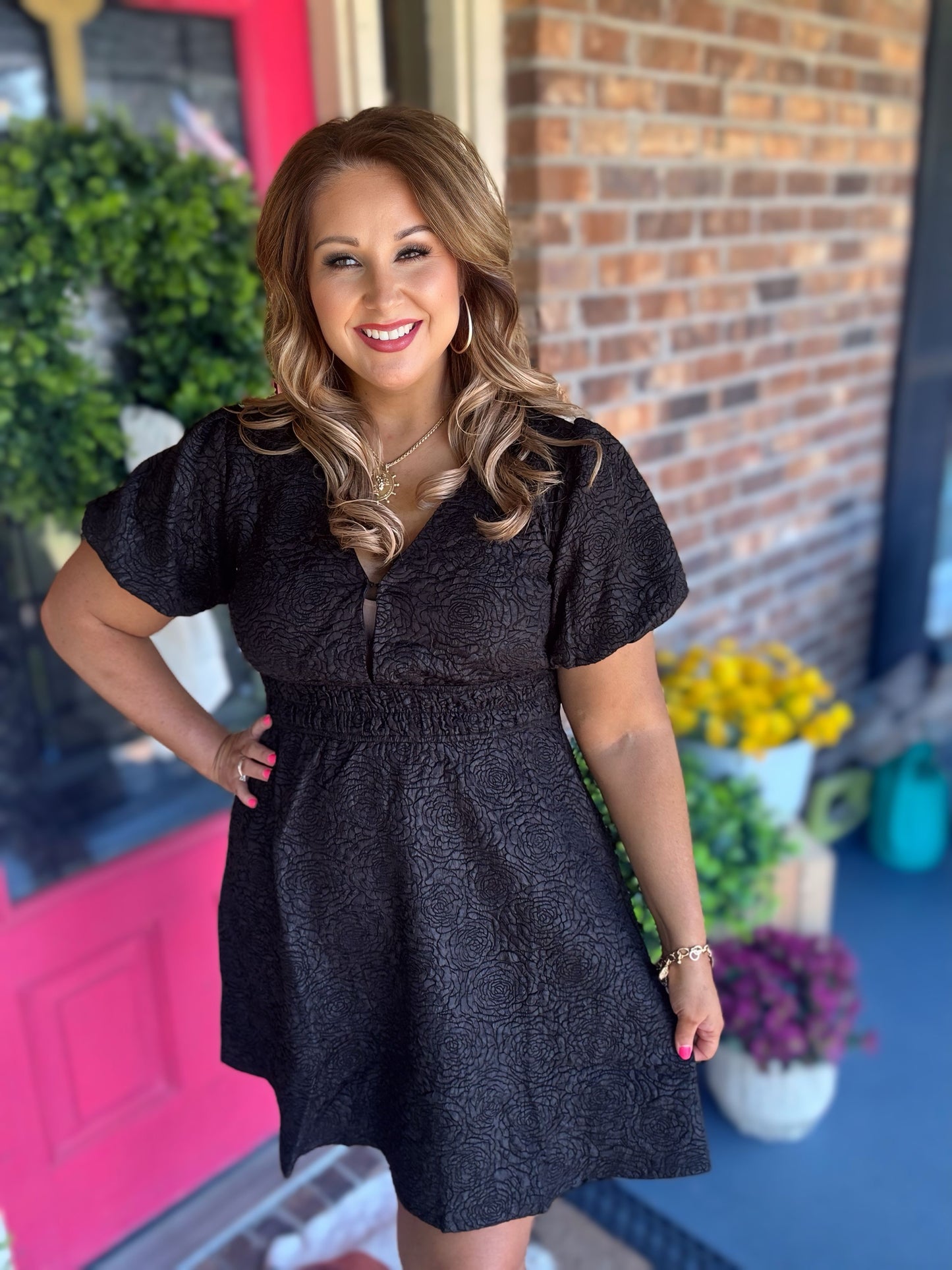 Black jacquard cocktail dress
