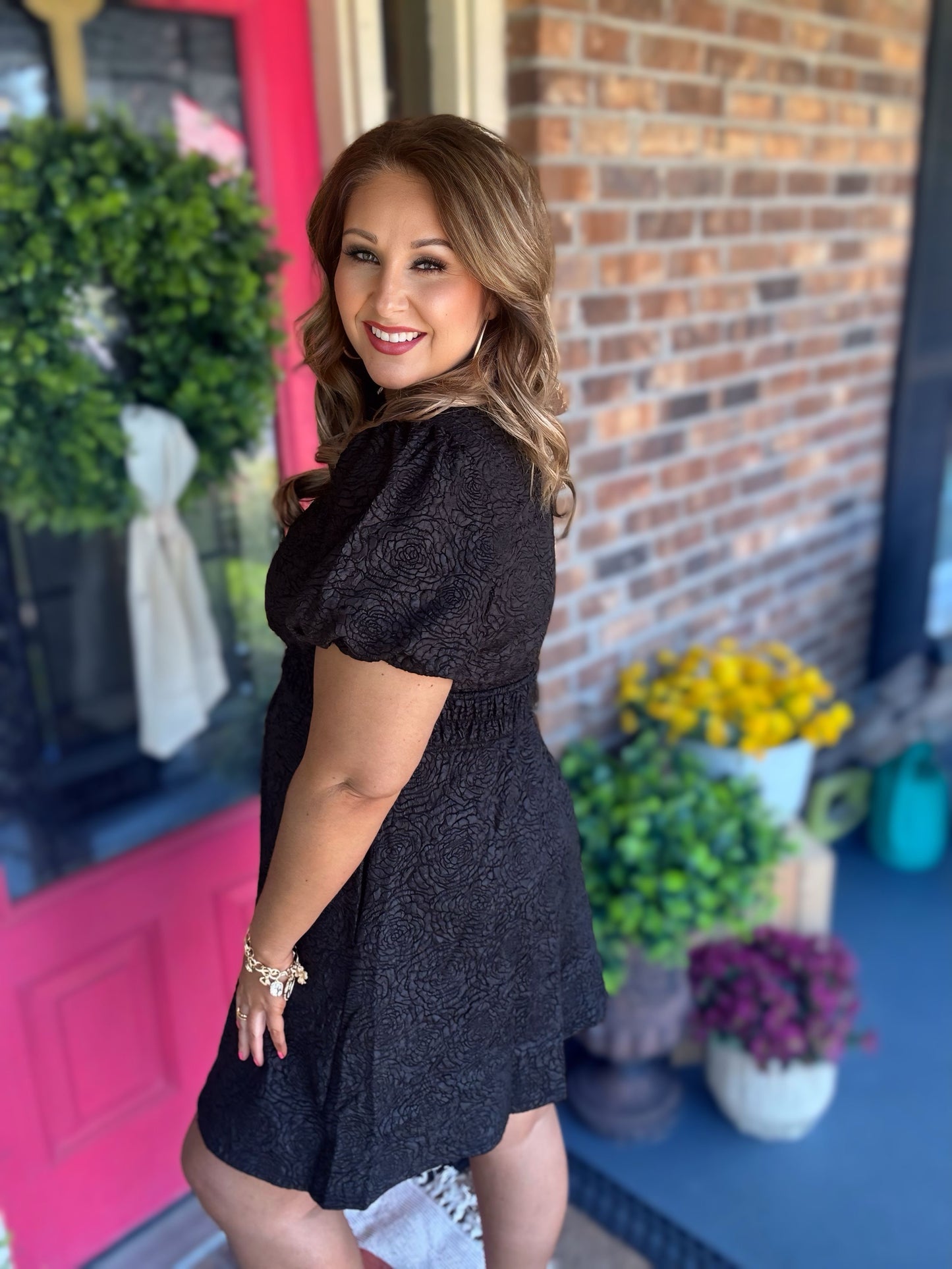 Black jacquard cocktail dress