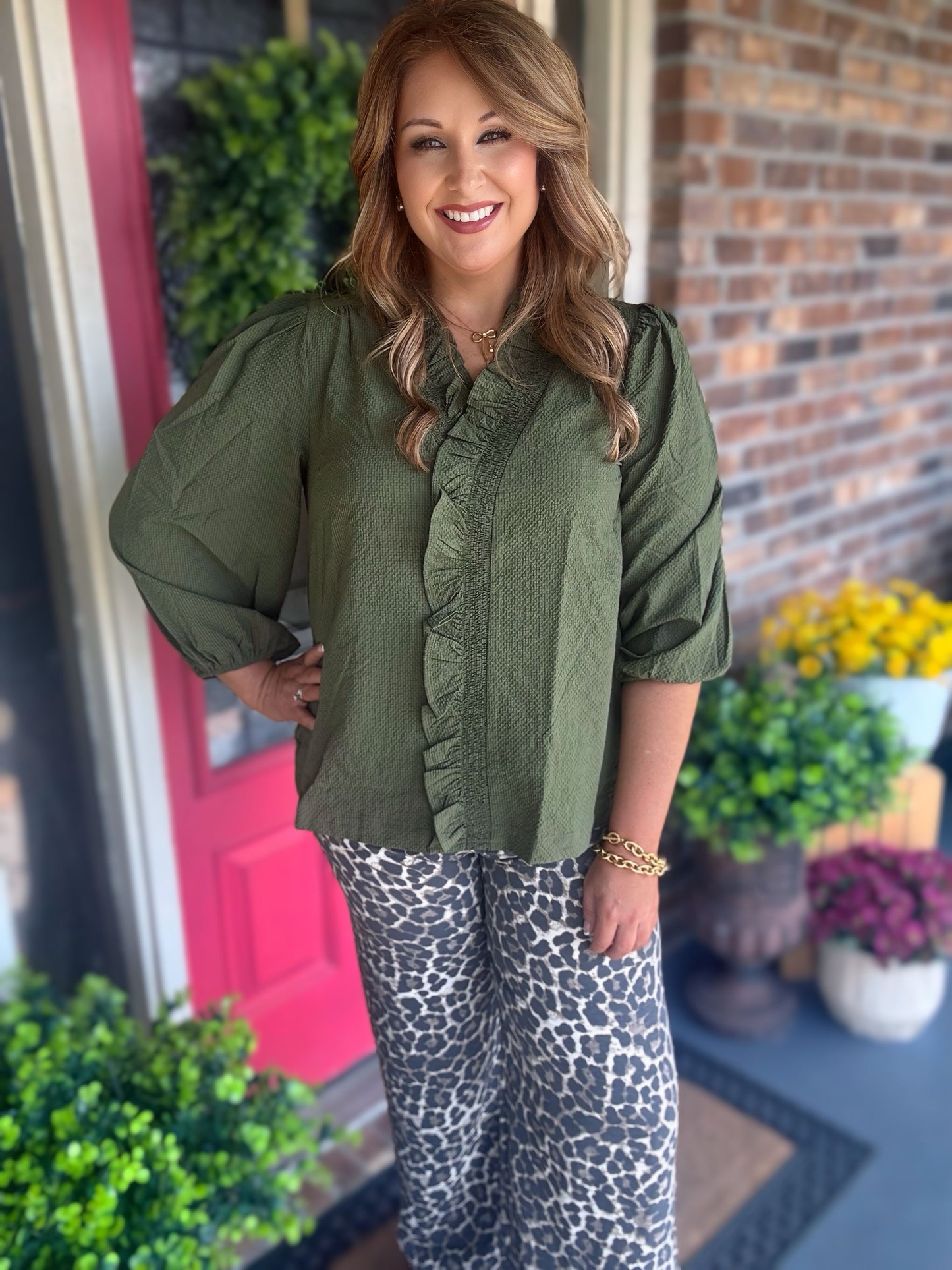 Textured Ruffle Trim Blouse with 3/4 Sleeves