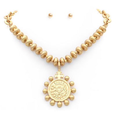 Gold Dotted Coin Pendant Necklace Set