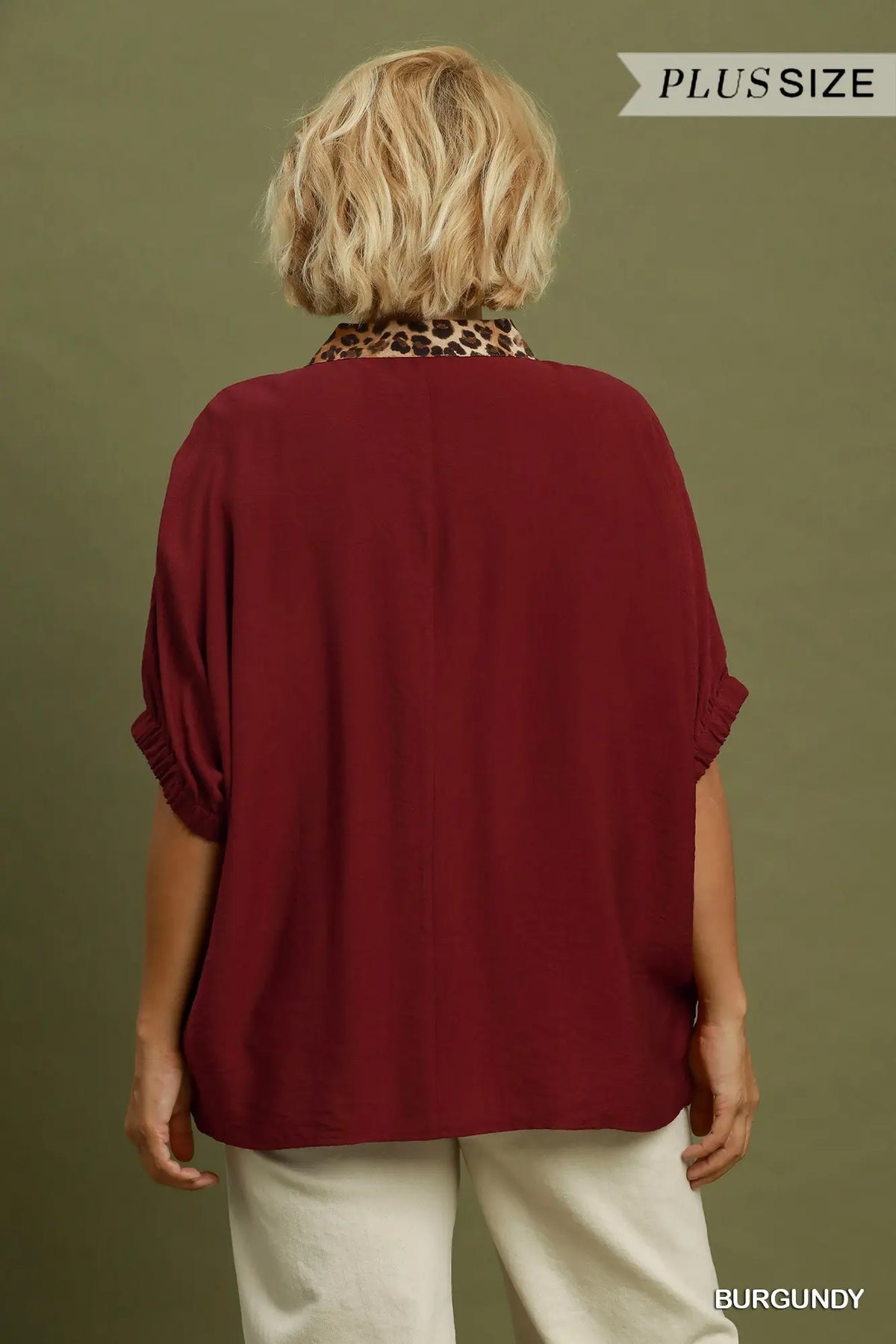 Umgee Leopard Trim Dolman Sleeve Blouse – Burgundy