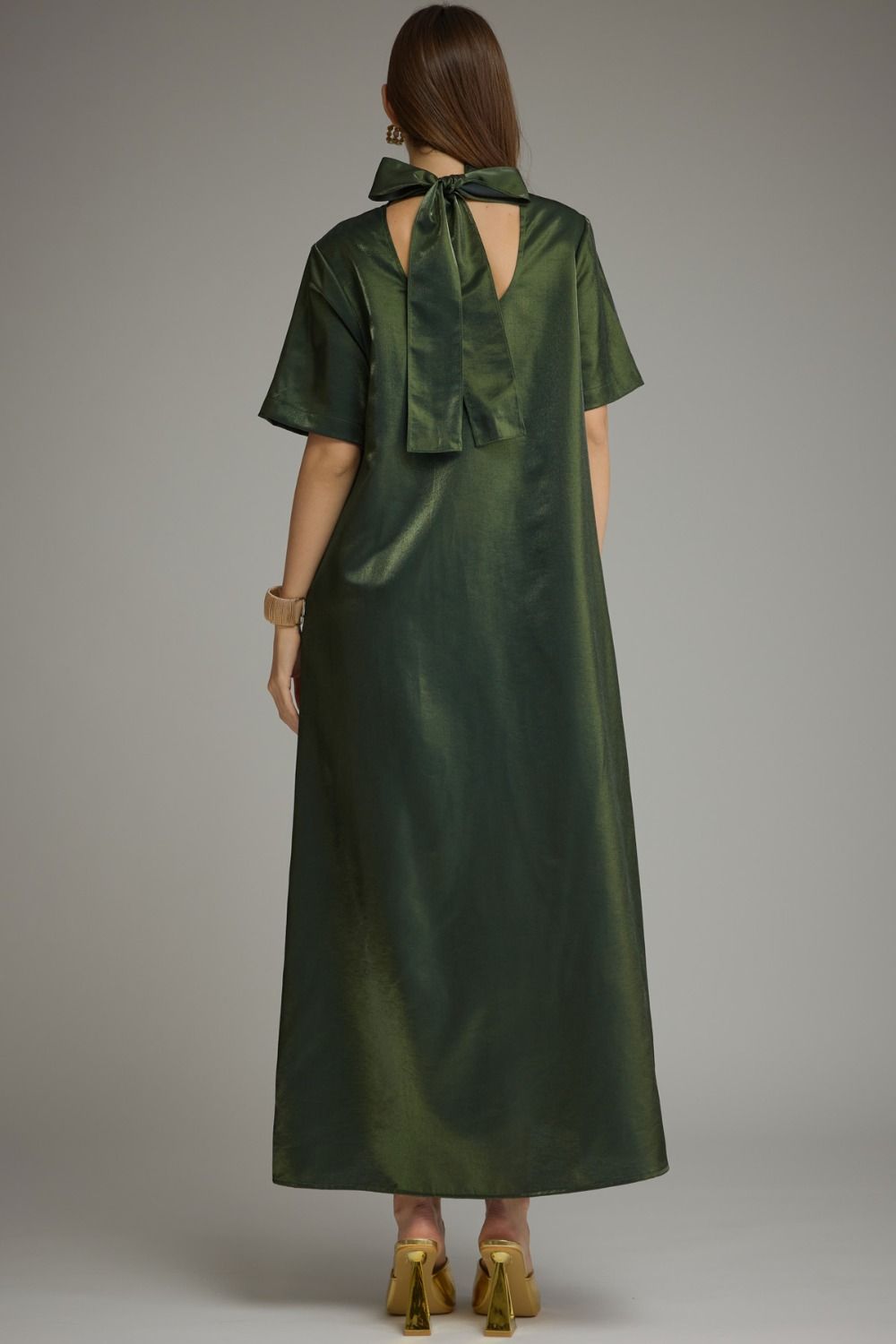 Entro Holiday Elegance Satin Maxi Dress – Pine Green