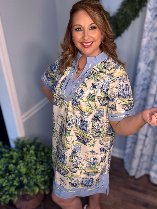 Umgee Blue Mix Abstract Print Mini Dress