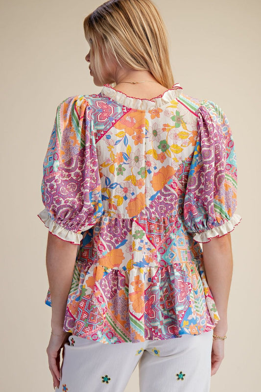 Easel PATCHWORK PRINTED BABYDOLL TOP