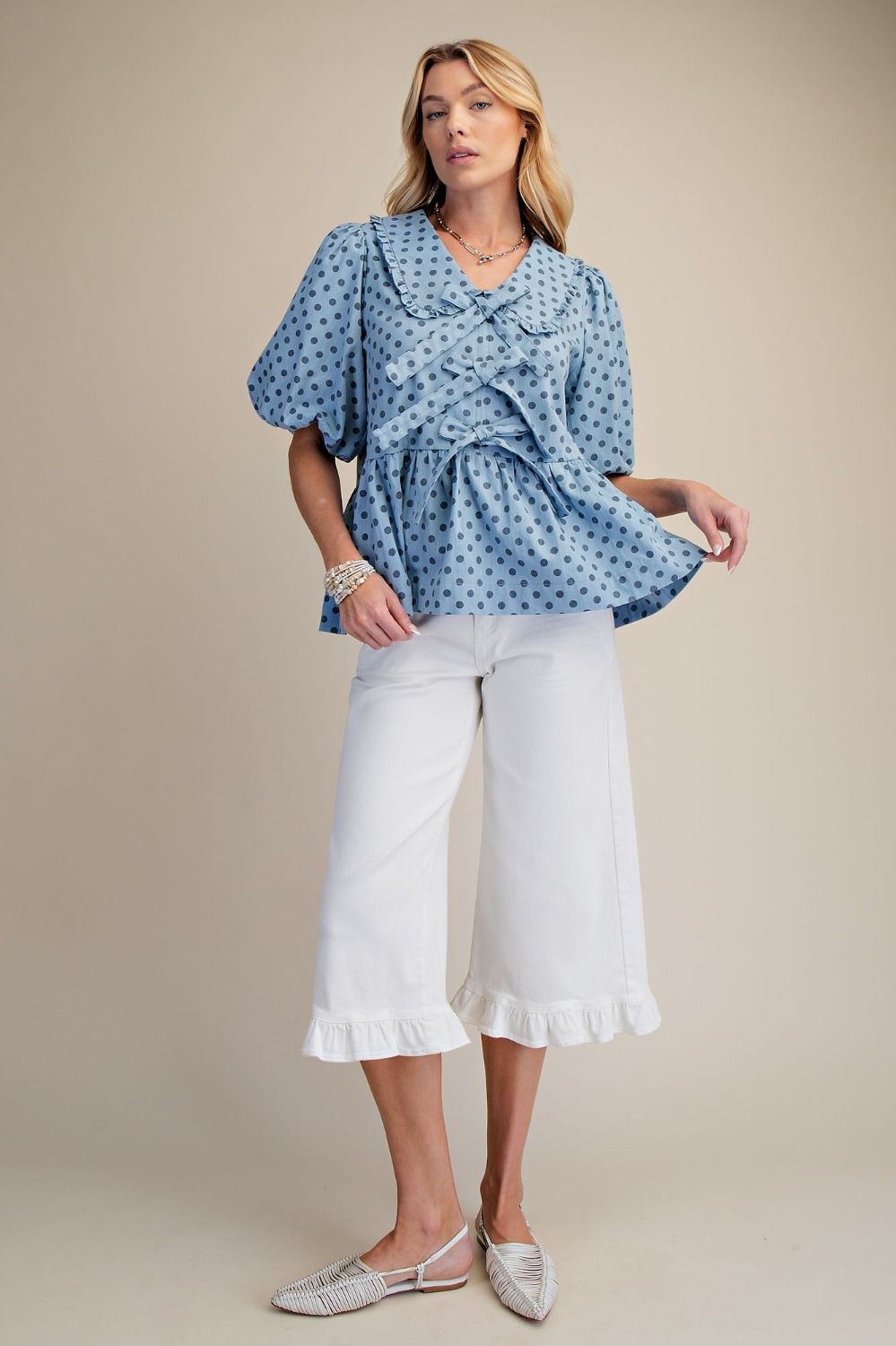 Easel Polka Dot Denim Top